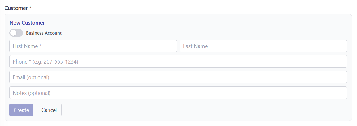 POS terminal new customer entry form