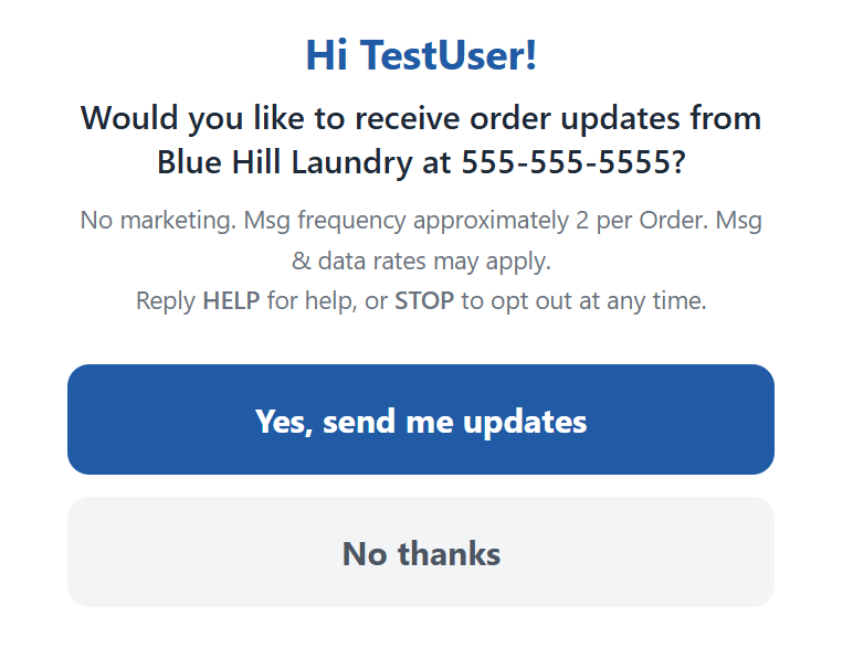 Customer-facing display showing SMS opt-in consent screen